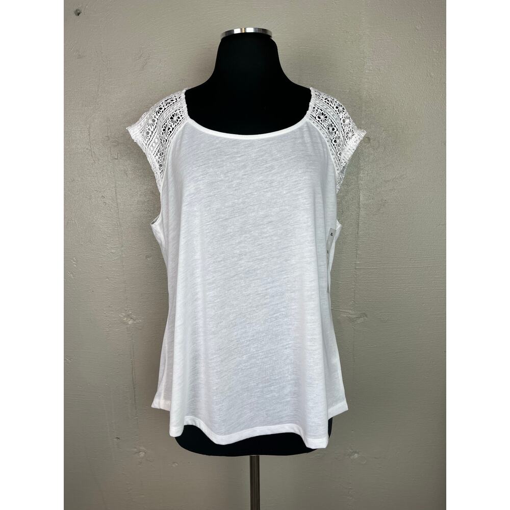 WOMENS WHITE TOP Sonoma Floral Crochet Sleeve Linen Blend Shirt XL Summer
